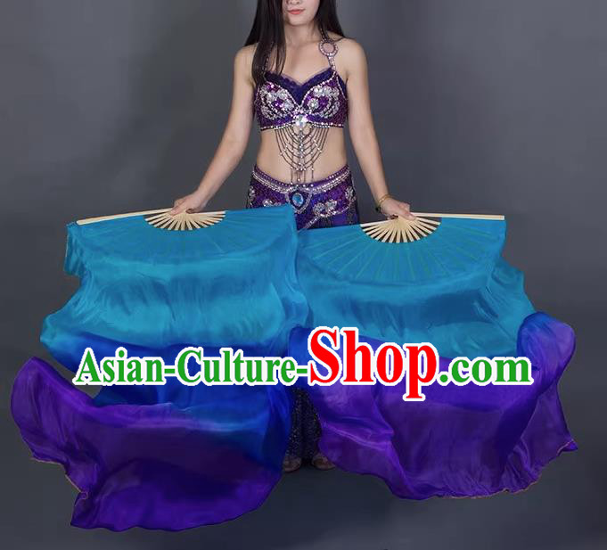 Handmade Gradient Blue to Purple Pure Silk Fan China Classical Dance Fan Top Belly Dance Long Ribbon Fan