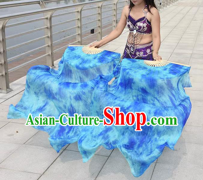 Professional Belly Dance Fan Oriental Dance Long Ribbon Fan Handmade Blue Pure Silk Fan
