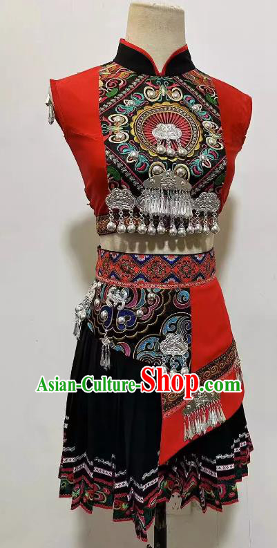 Professional Stage Performance Costume China Miao Nationality Red Outfit Ethnic Women Group Dancing Clothing