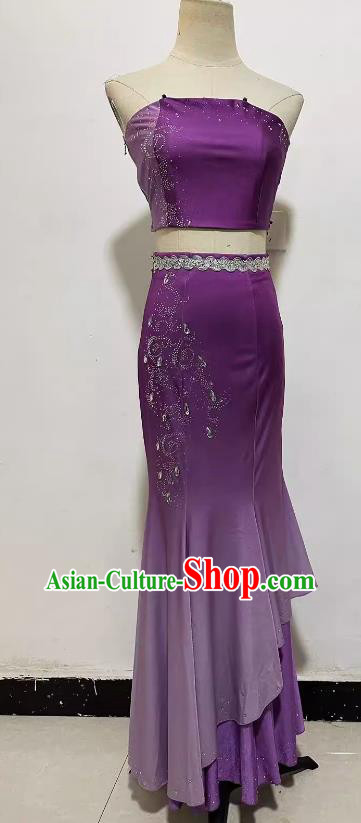 Professional Dai Nationality Peacock Dance Purple Dress China Yunnan Ethnic Woman Dancing Clothing Stage Performance Costume