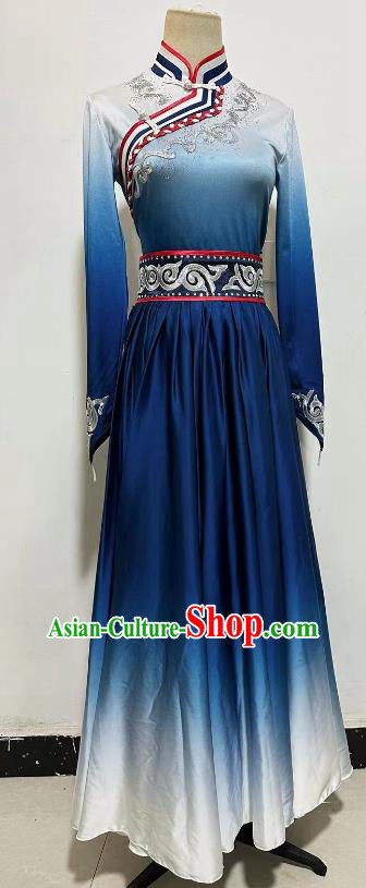 China Ethnic Dance Blue Dress Mongolian Woman Solo Dancing Clothing Professional Mongol Nationality Stage Performance Costume