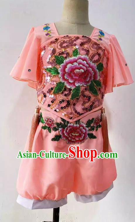 Chinese Children Folk Dance Pink Outfit Yangko Dance Costume Top Stage Performance Clothing