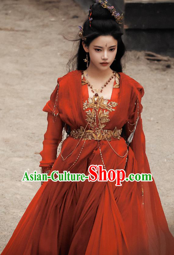 China Ancient Nine Tails Fox Fairy Garment Costumes Fantastic Xianxia Drama Till The End of The Moon Swordswoman Pian Ran Red Dresses