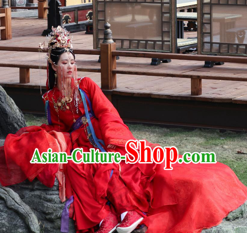 China Ancient Fairy Red Garment Costumes Xianxia Drama Till The End of The Moon Goddess Ye Bingchang Red Dresses