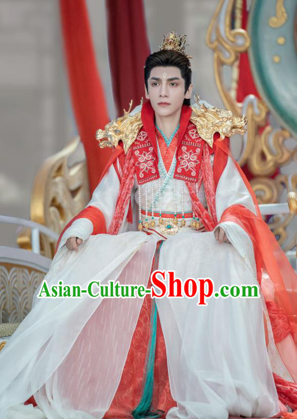 China Ancient Childe Wedding Costumes Till The End of The Moon Xianxia Drama Demon Lord Tantai Jin Red Clothing Complete Set