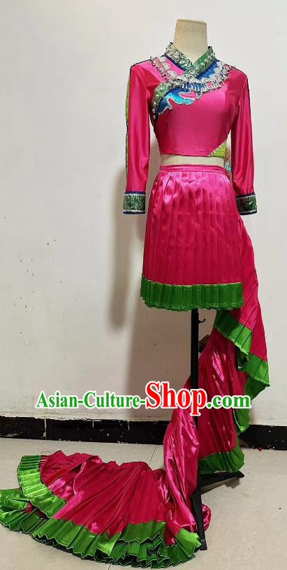 China Miao Nationality Folk Dance Pink Dress Woman Solo Stage Performance Costume Hmong Ethnic Dance Clothing