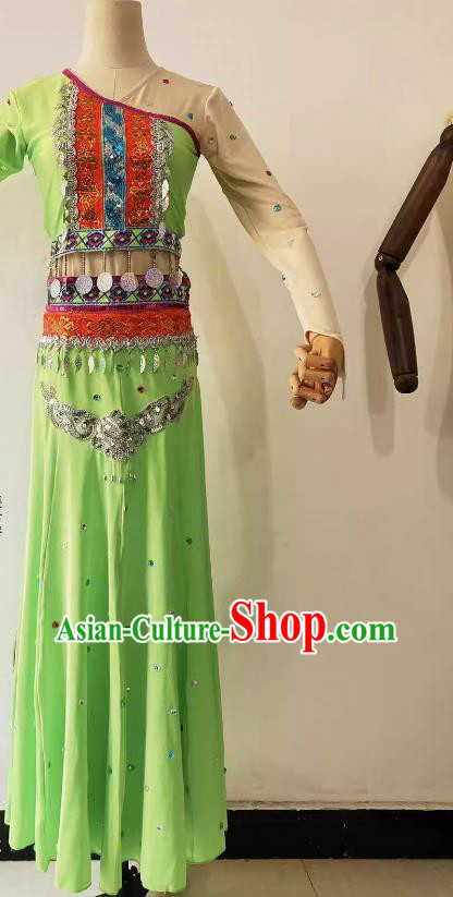 China Yunnan Ethnic Dance Clothing Dai Nationality Folk Dance Green Outfit Woman Solo Stage Performance Costume