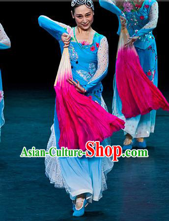 China Women Group Stage Performance Costume Fan Dance Clothing Taoli Cup Yangko Dance Blue Outfit
