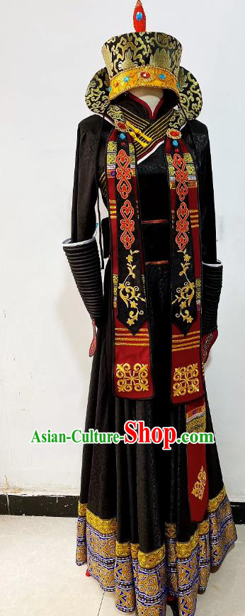 China Mongol Nationality Dance Clothing Taoli Cup Dance Competition Black Dress Mongolian Woman Stage Performance Costume and Headwear