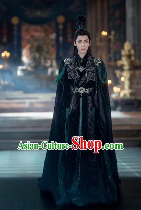 China Ancient Noble Childe Costumes Xianxia Drama Till The End of The Moon Demon Lord Tantai Jin Dark Green Garments