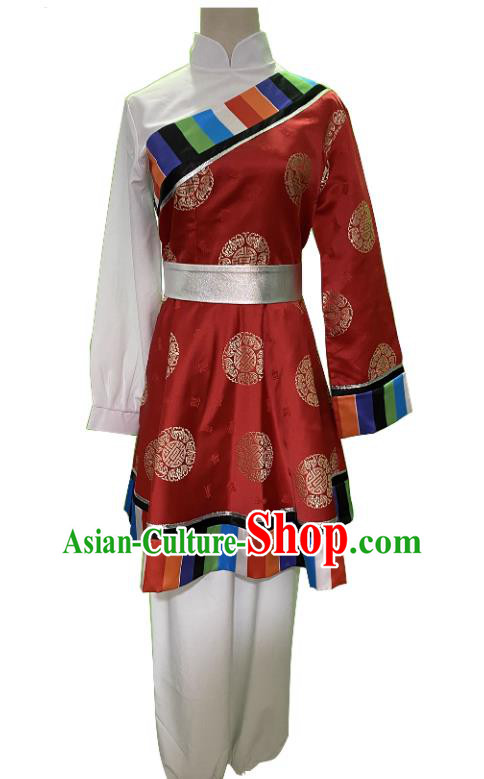 China Tibetan Ethnic Dance Clothing Zang Nationality Folk Dance Outfit Women Group Stage Performance Costume