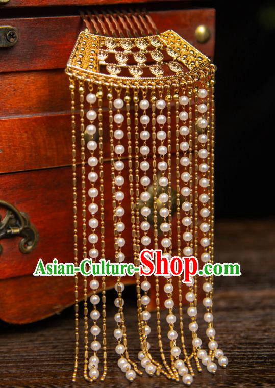China Ancient Empress Hair Jewelry Handmade Tang Dynasty Long Tassel Hair Comb Hanfu Hairpin