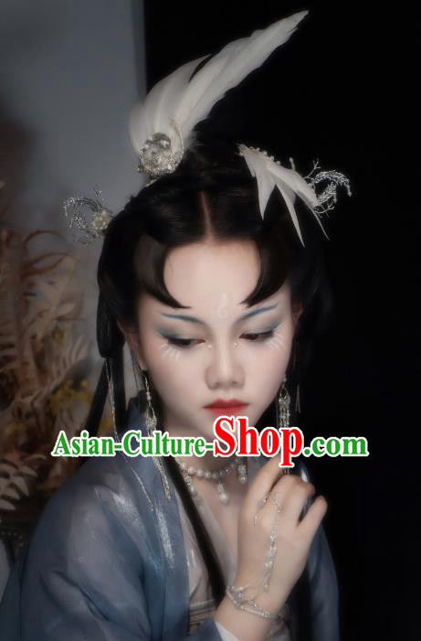 China Ancient Fairy Hair Jewelries Handmade Tang Dynasty Princess Hairpins Hanfu Feather Headpieces Complete Set