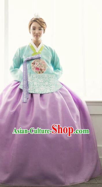 Traditional Couple Costumes Korean Ancient Bride Clothing Handmade Court Hanbok Green Top and Lilac Dress Complete Set