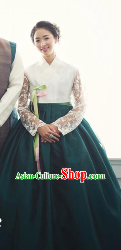 Korean Traditional Woman Costumes Ancient Bride Clothing Handmade Hanbok White Lace Top and Dark Green Dress Complete Set
