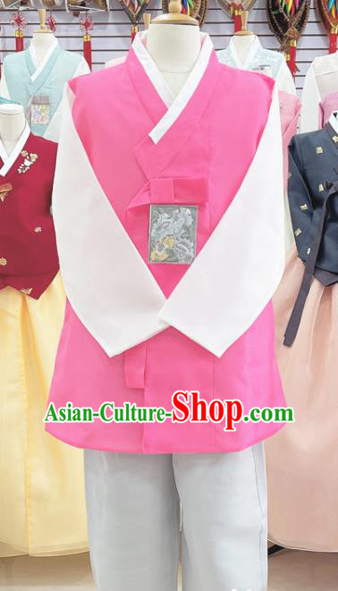 Korean Handmade Male Hanbok Ancient Groom Hot Pink Outfit Clothing Traditional Stage Performance Costumes Complete Set