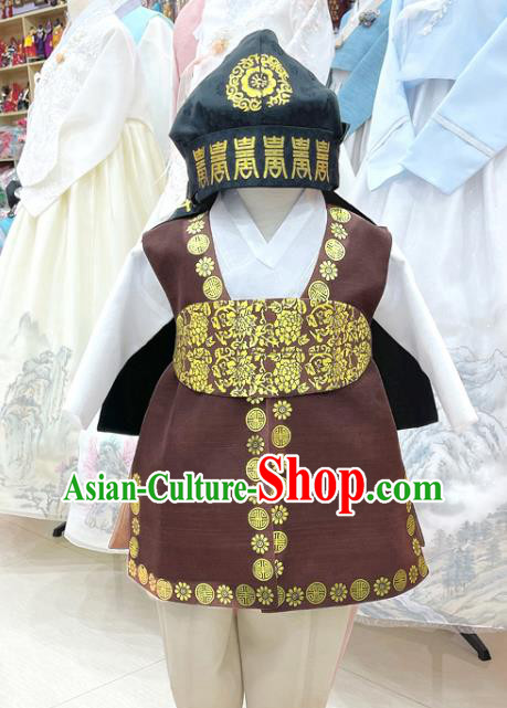 Korean Traditional Boy Costumes Handmade Children Hanbok Birthday Anniversary Outfit Brown Shirt and Pants Complete Set