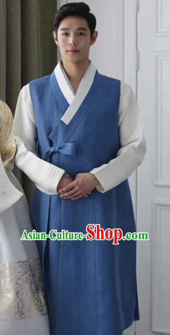 Korean Ancient Groom Clothing Traditional Costumes Handmade Court Hanbok Blue Vest White Top and Pants Complete Set