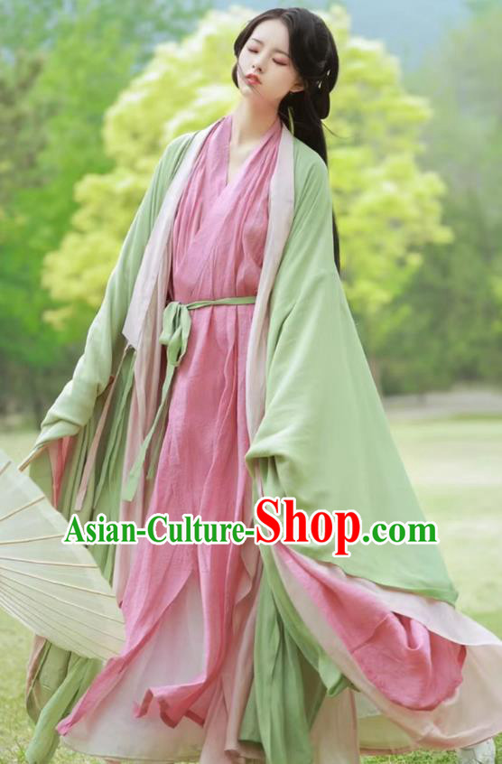 China Southern and Northern Dynasties Court Princess Costumes Ancient Young Woman Clothing Traditional Hanfu Green and Pink Dresses