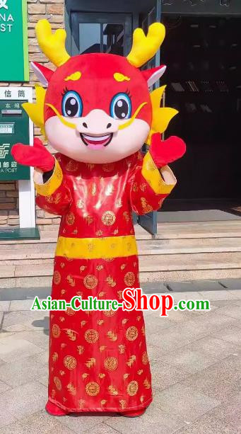 Red Auspicious Dragon Year of The Dragon Cartoon Doll Costume Zodiac Dragon Mascot Adult Wear Walking Activity Puppet Costume Dragon Performance Props Costume
