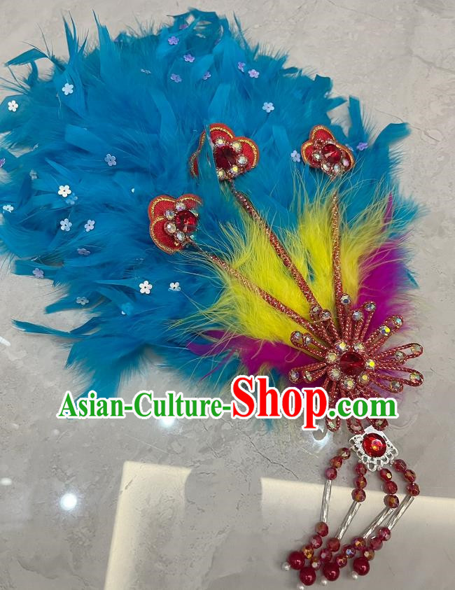Blue Yangge Crested Head Wearing A Flower Crown With Thicker Feathers And Multi Purpose Peacock Feather Square Dance Hairpin