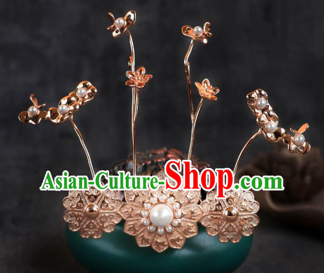 China Ancient Empress Golden Hair Crown Tang Dynasty Court Woman Pearl Lotus Leaf Hair Jewelry Handmade Hanfu Headpiece