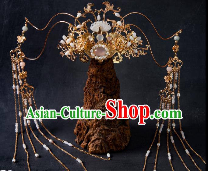 China Handmade Hanfu Headpieces Ancient Fairy Tassel Hairpins and Crown Tang Dynasty Court Woman Hair Jewelries