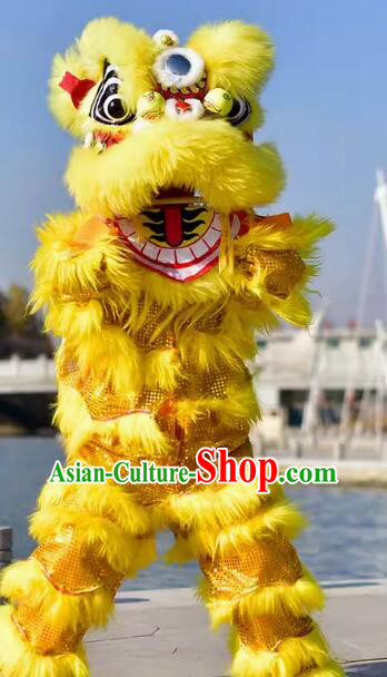 Top Handmade Yellow Wool Lion Chinese Lion Dance Head and Costume Complete Set for One Person