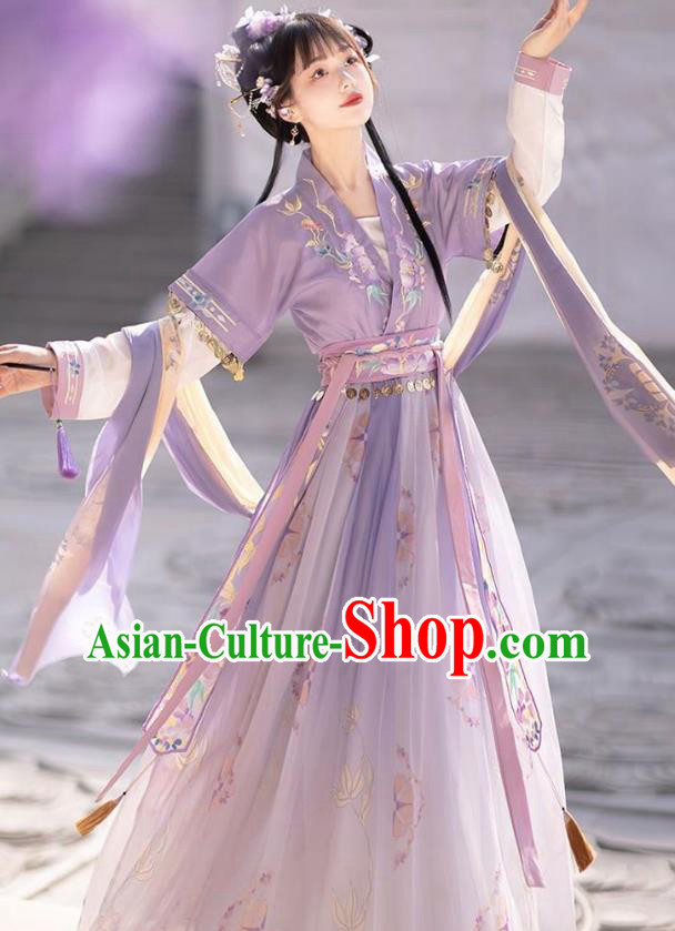 Chinese Tang Dynasty Palace Princess Costume Hanfu Ru Qun Ancient Young Woman Purple Dresses