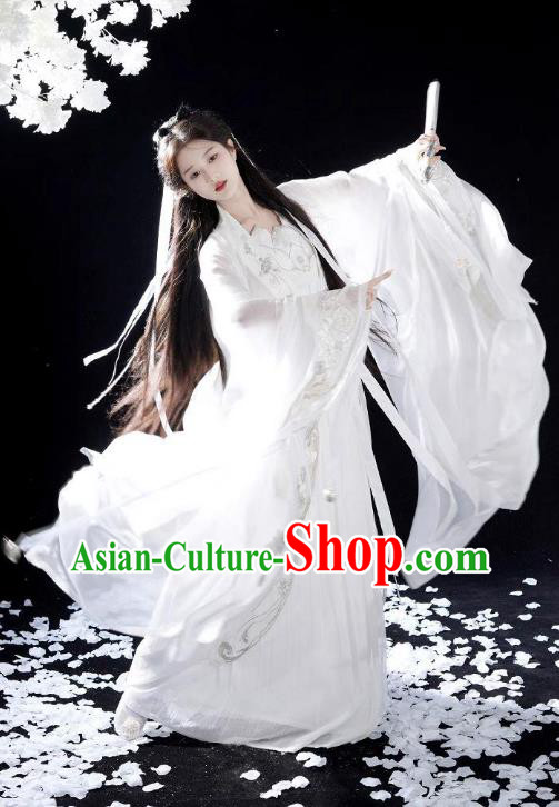 China Ancient Swordswoman Xiao Long Nv Clothing Traditional White Hanfu Dress Dragon Princess Costumes