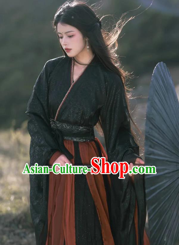 China Warring States Period Heroine Costume Ancient Swordswoman Clothing Traditional Black Hanfu Dress