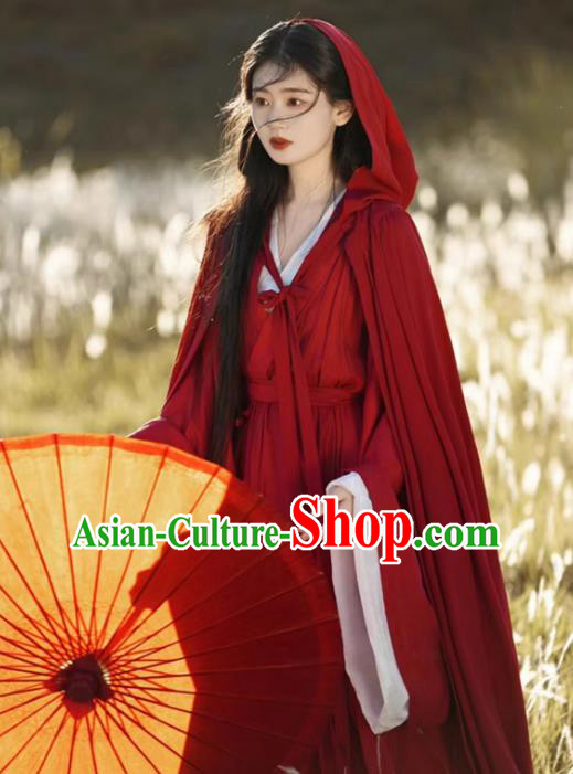 China Traditional Hanfu and Red Cape Jin Dynasty Court Woman Costumes Ancient Swordswoman Clothing