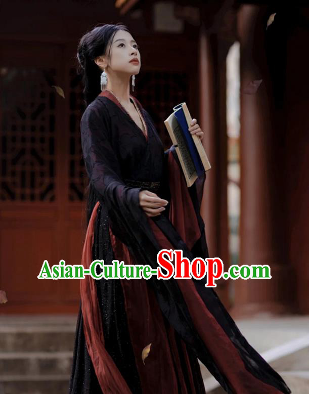 China Traditional Hanfu Black Dress Warring States Period Heroine Clothing Ancient Princess Costumes