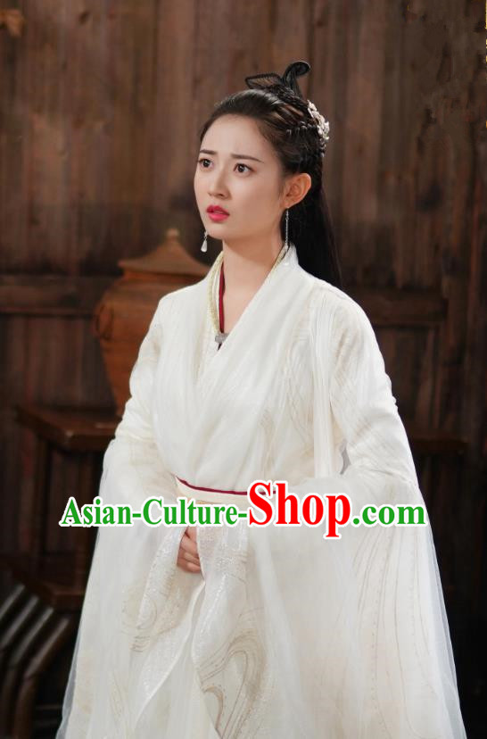 Ancient Chinese Sword Saint Young Woman Costumes TV Drama Mirror A Tale of Twin Cities Kong Sang Princess Bai Ying White Dresses