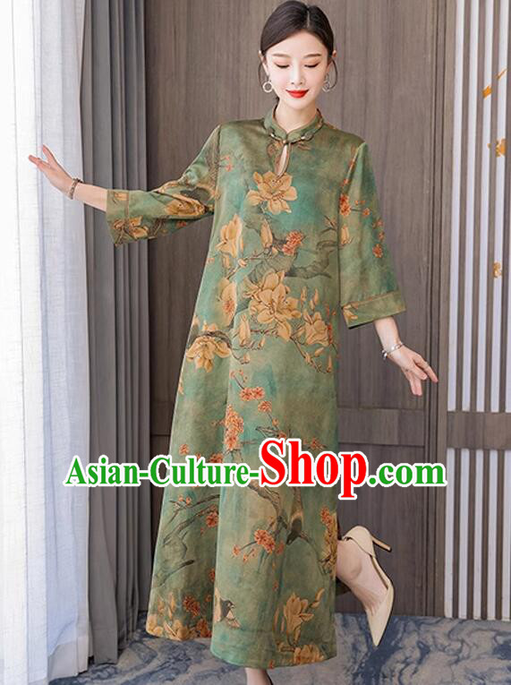 China Magnolia Pattern Cheongsam Traditional Clothing Oversize Green Dress Classic Qipao