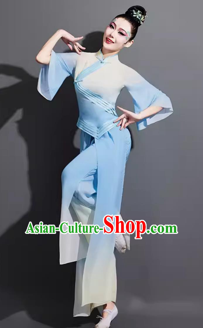 China Folk Dance Fan Dance Blue Outfit Chinese Woman Group Dance Costume Traditional Yangko Dance Clothing