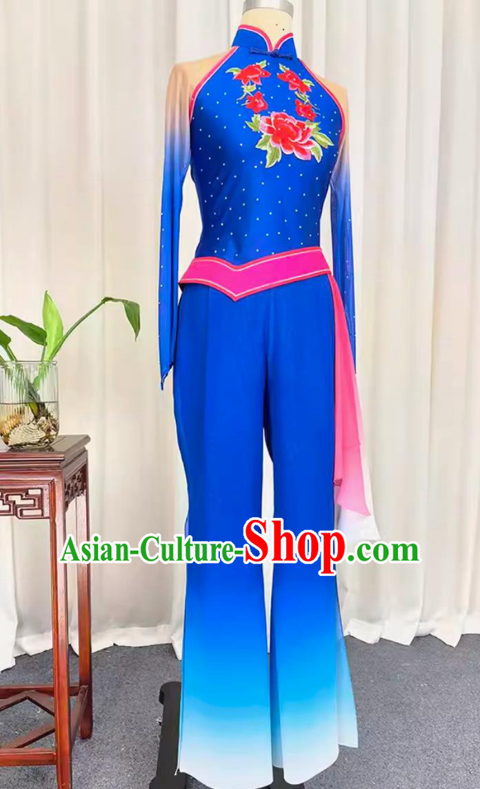China Folk Dance Blue Outfit Chinese Woman Group Dance Costume Traditional Yangko Dance Fan Dance Clothing