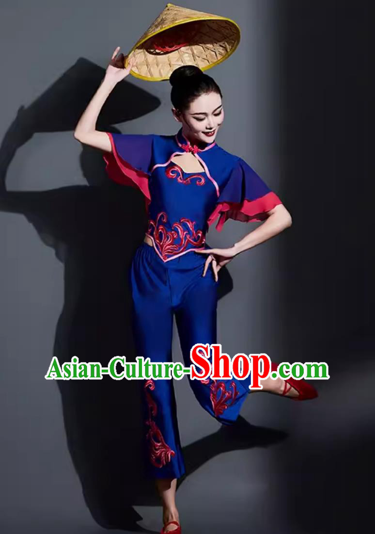 Chinese Folk Dance Costume Traditional Fan Dance Women Group Dance Clothing China Yangko Dance Deep Blue Outfit