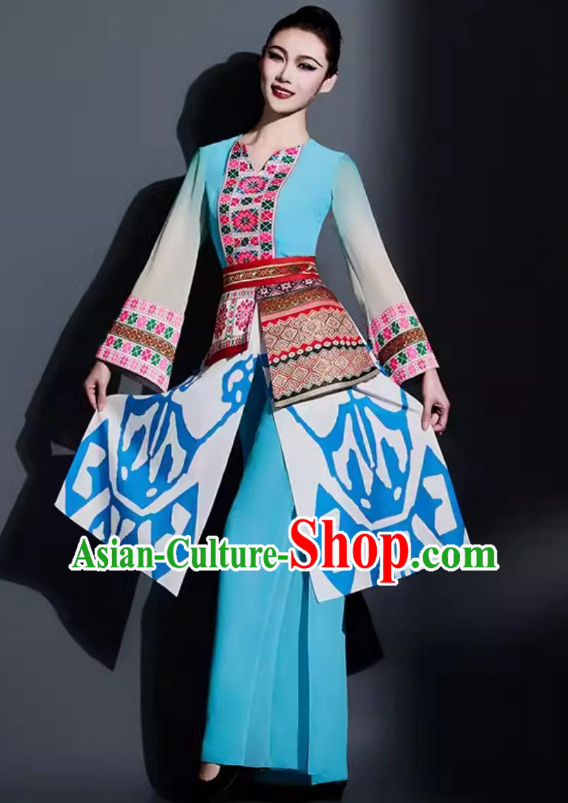 Chinese Yao Ethnic Dance Costume Traditional Yangge Fan Dance Women Group Dance Clothing China Yangko Dance Blue Outfit