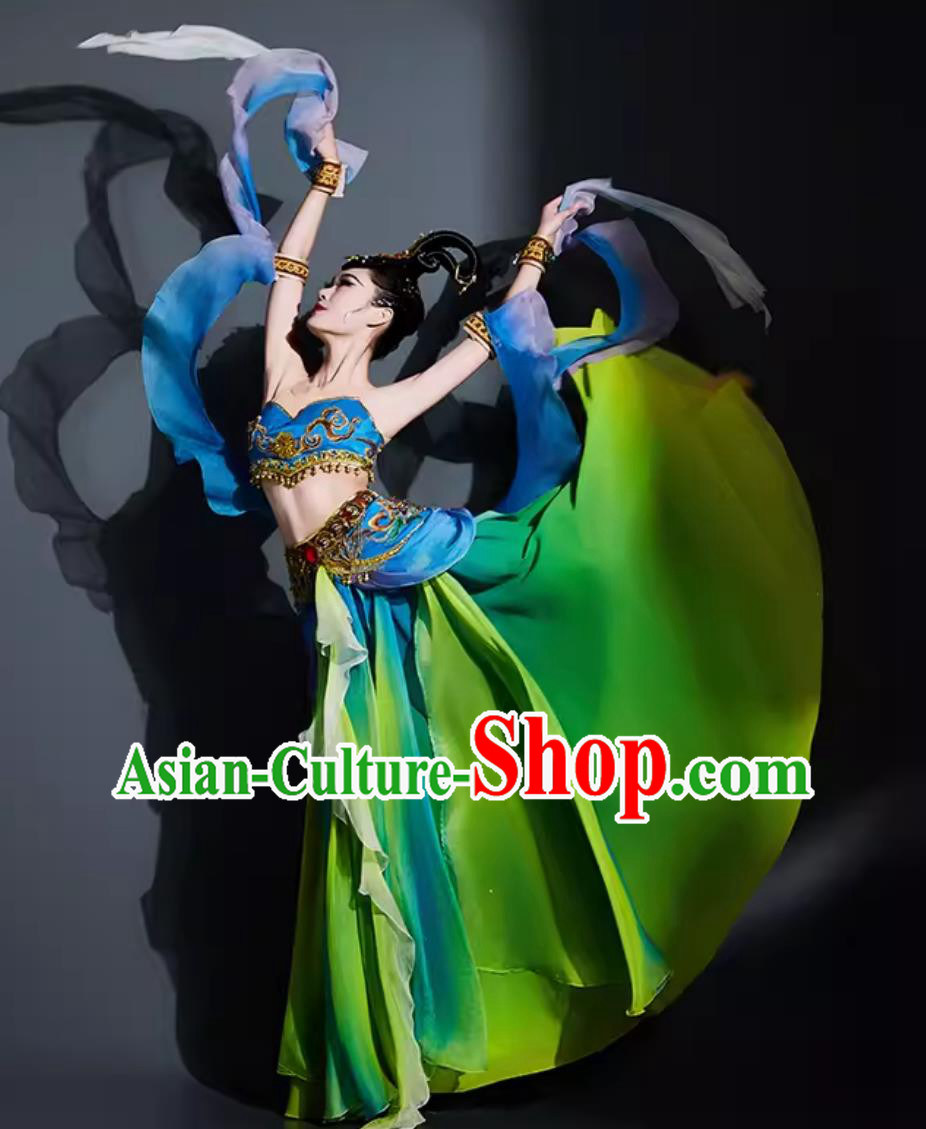 China Dunhuang Flying Apsaras Dance Green Dress Chinese Classical Dance Costume Woman Solo Dance Clothing
