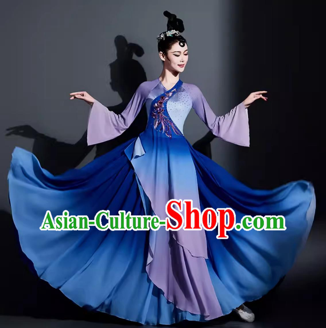Chinese Dance Contest Costume Traditional Umbrella Dance Clothing China Classical Dance Blue Dress