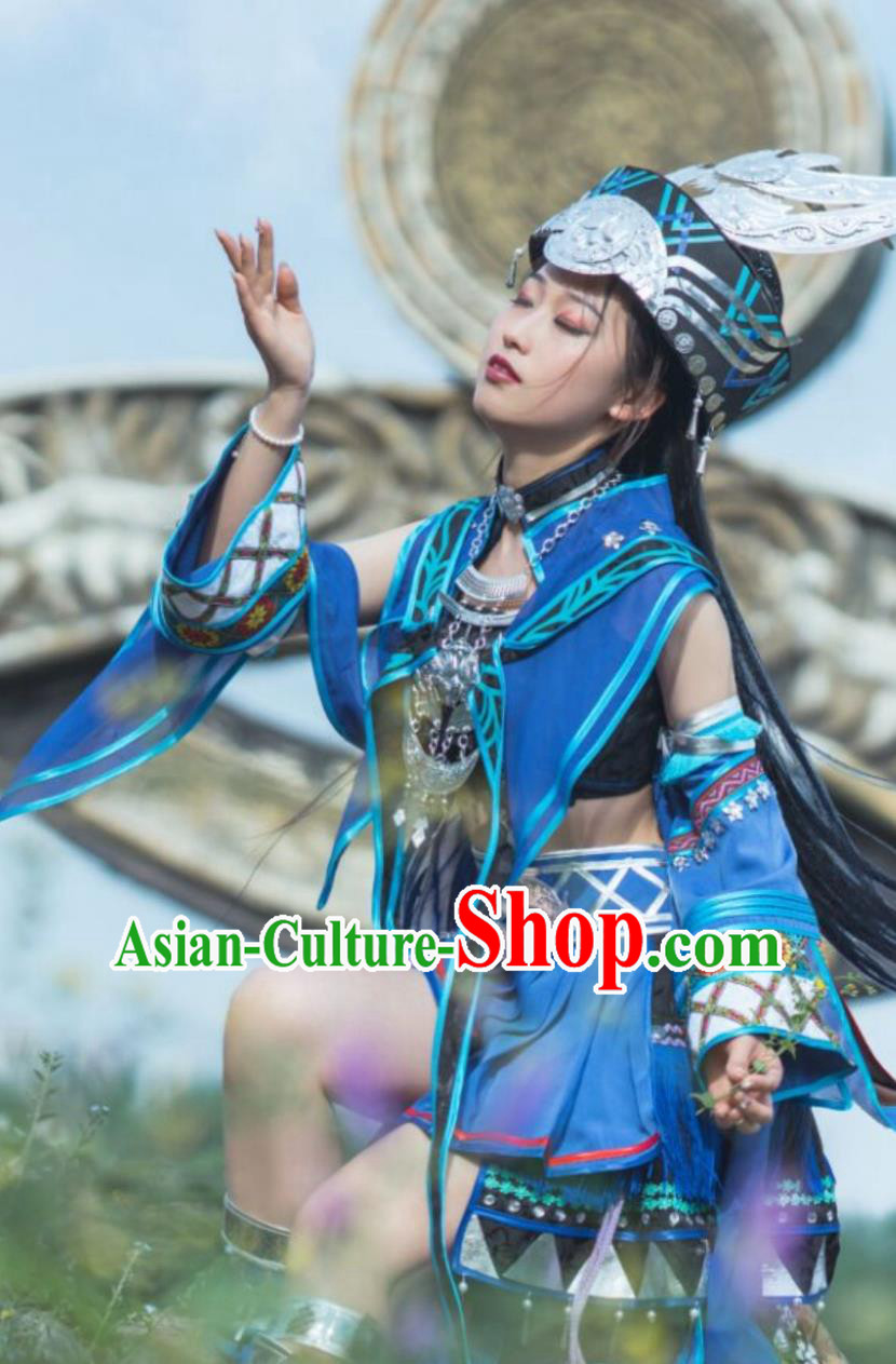 Ancient Chinese Ethnic Princess Costume China Online Game Sword Heroes Fate Cosplay Wudu Sect Young Woman Blue Dress