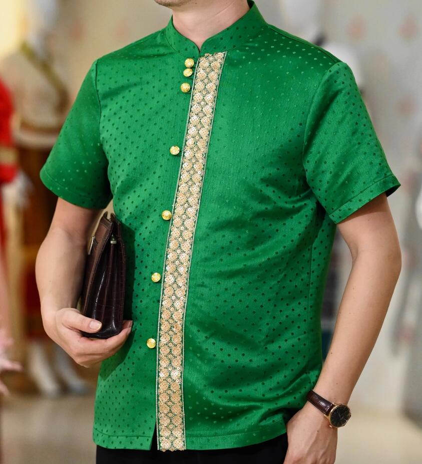Chinese Dai Nationality Green Shirt Traditional Thailand Male Clothing Southeast Asian Thai Costume