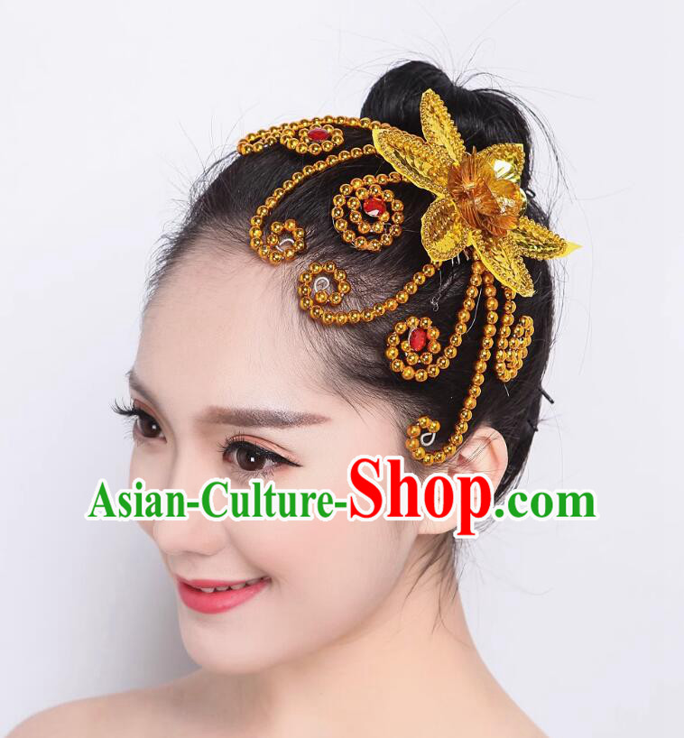 Chinese Folk Dance Headpiece Hanfu Classical Dance Headwear Handmade Stage Performance Woman Golden Flower Hair Stick