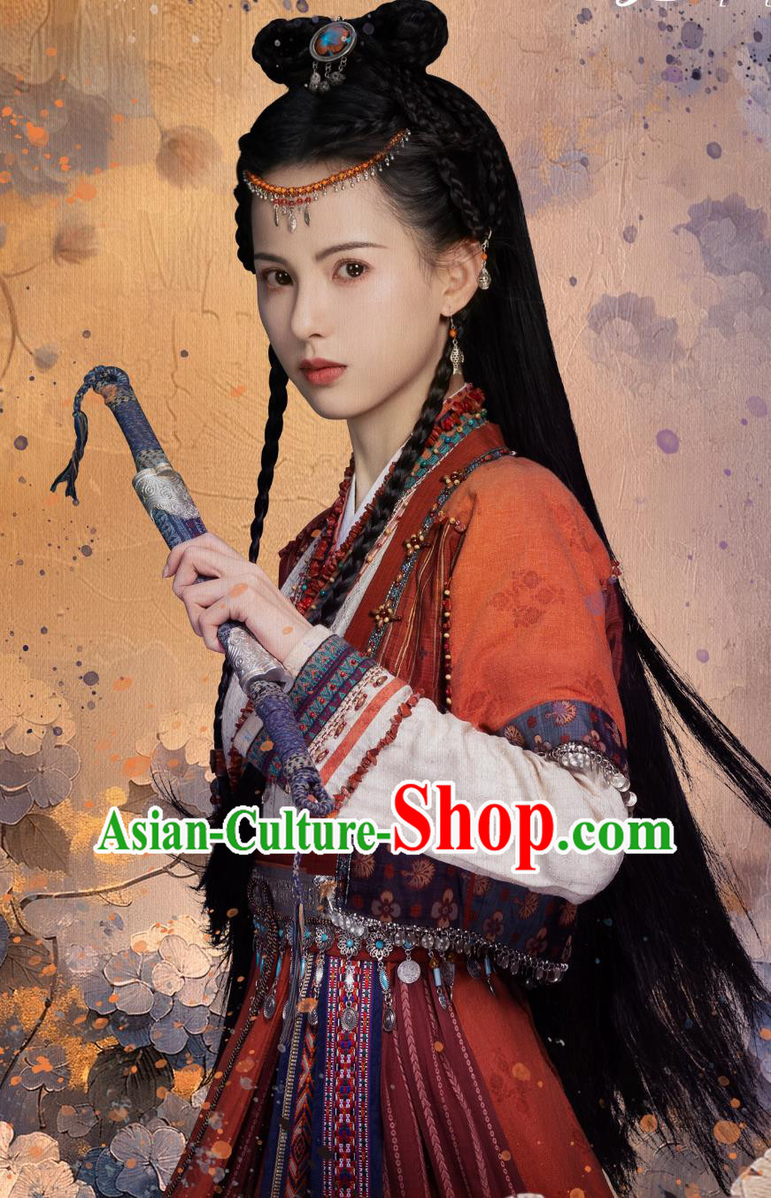 Ancient China Ethnic Young Lady Clothing Traditional Chinese Hanfu TV Series Drama Follow Your Heart Swordswoman Tong Sai Er Costume