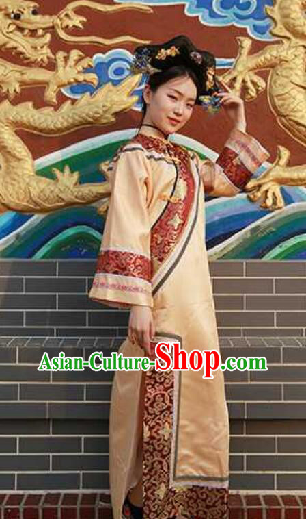 China Palace Lady Golden Dress Chinese Qing Dynasty Empress Costume Ancient China Princess Clothing