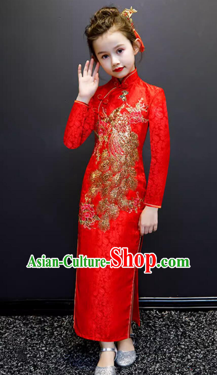 China Embroidered Red Dress Traditional Chinese Clothing Children Qipao Stage Dance Cheongsam