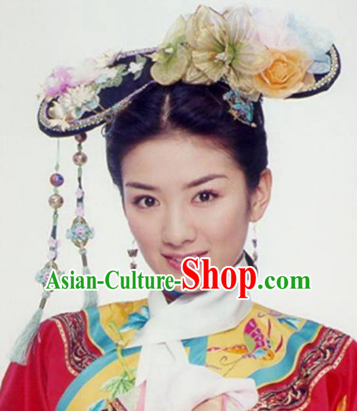 TV Drama My Fair Princess Xiao Yan Zi Headpiece Traditional Chinese Qing Dynasty Manchu Woman Hat Ancient China Empress Qi Headgear