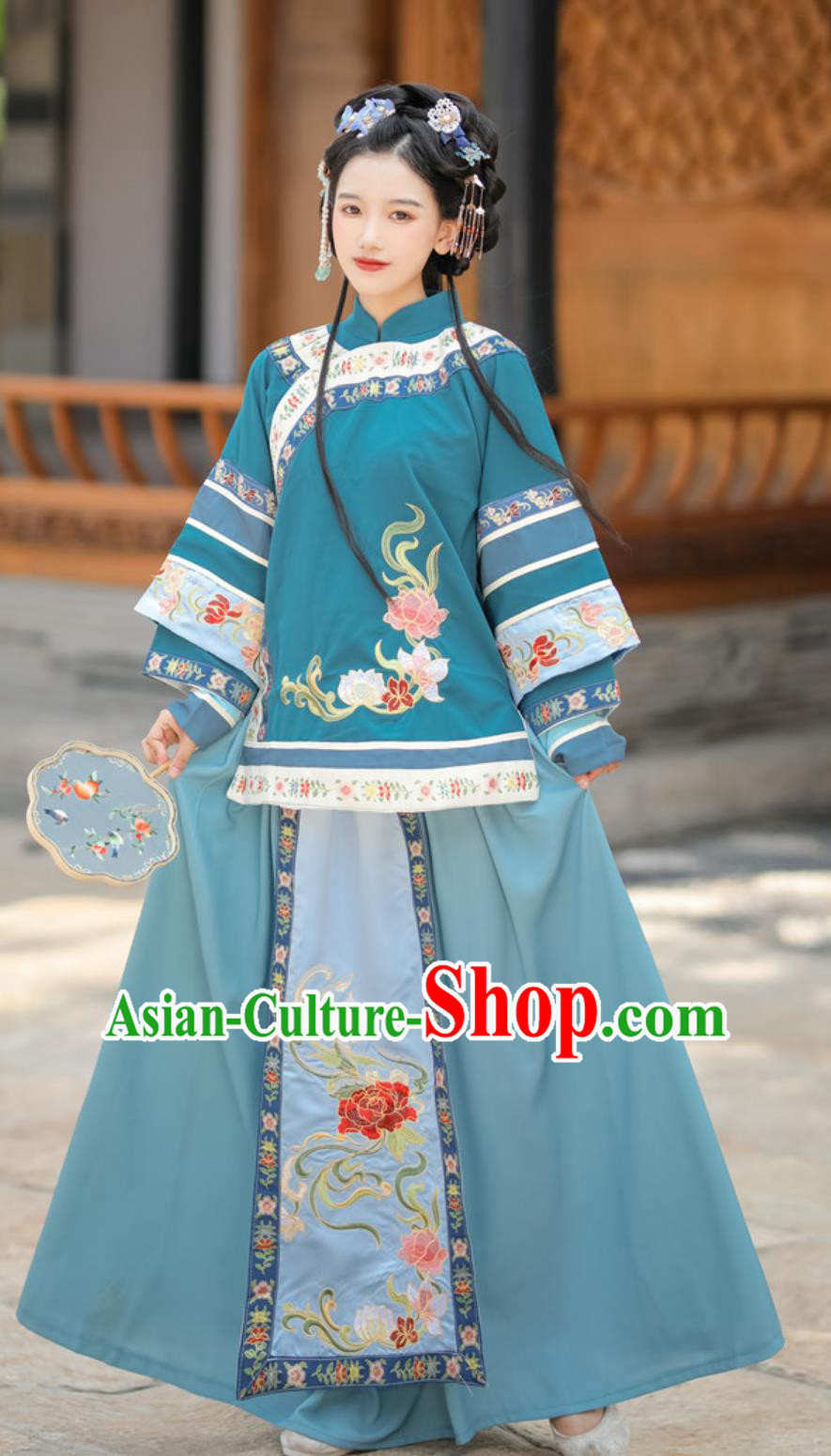 Ancient China Noble Woman Costume Chinese Late Qing Dynasty Clothing Traditional Young Lady Peacock Blue Dress
