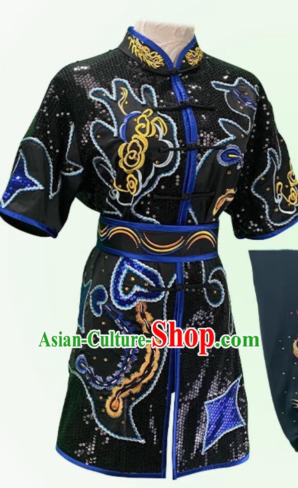 Chinese Traditional Kung Fu Costume Martial Arts Embroidered Uniform Wushu Tournament Black Outfit Changquan Competition Clothing